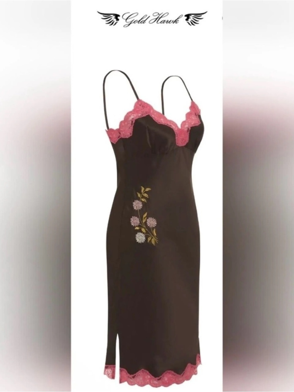 Gold Hawk 100% Silk Brown Slip with Pink Lace Trim
